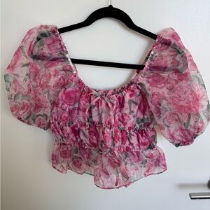 Organza Pink Floral Puff-Sleeve Crop Top